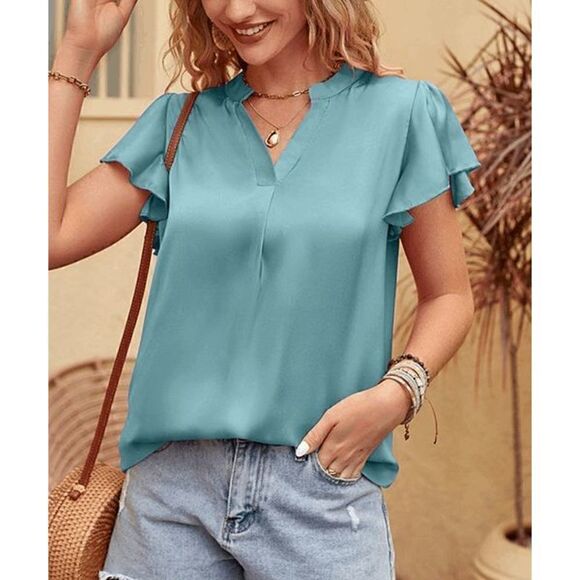 Lucklisa Turquoise Flutter-Sleeve V-Neck Top M #1643-A6 - Picture 1 of 7